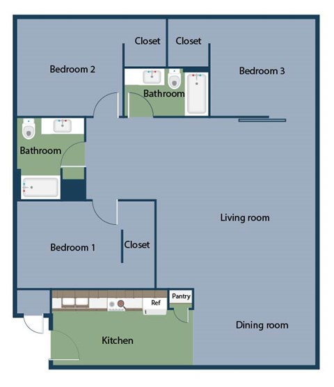 Floor plan for 3 beds, 2 baths, 1750 sqft